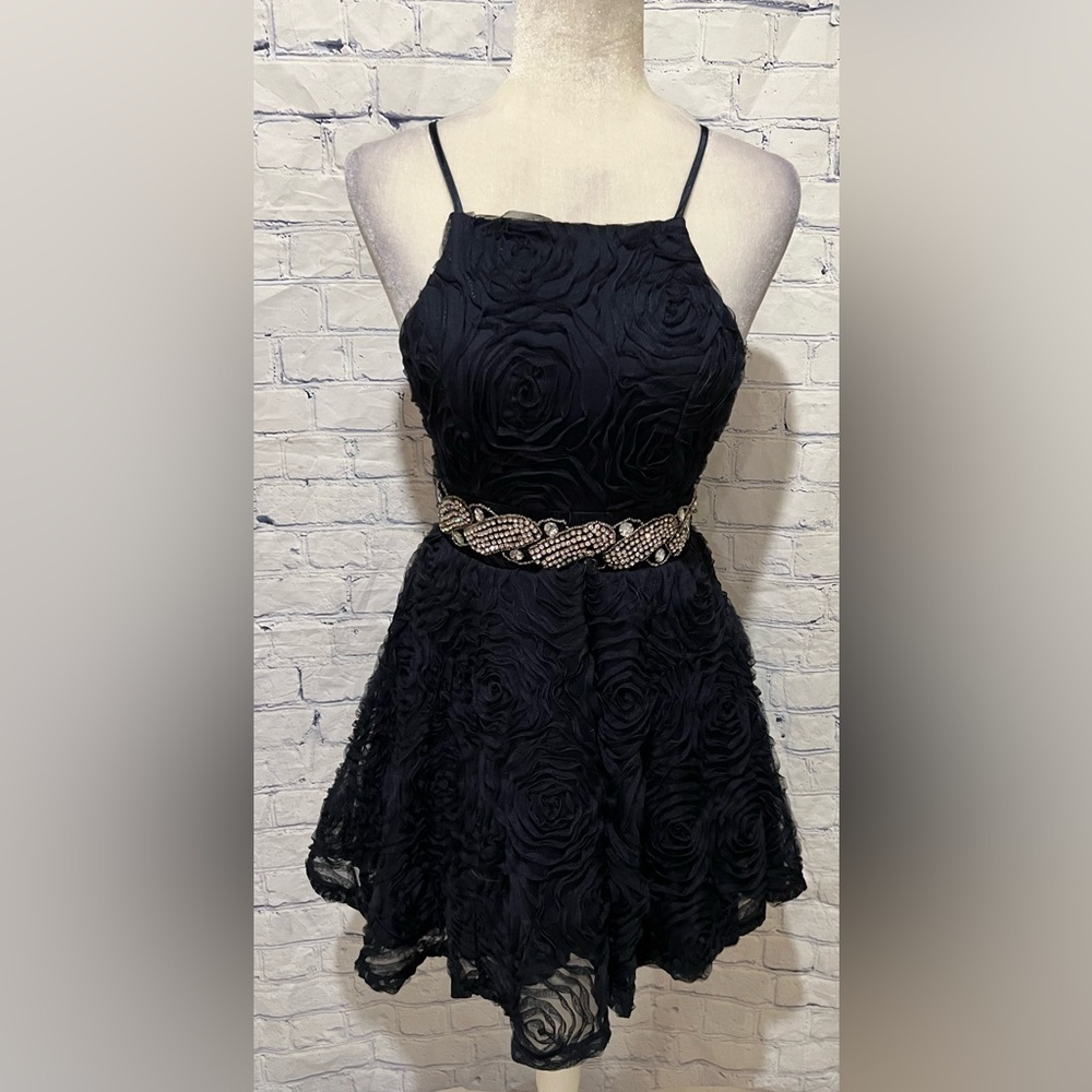 Trixxi Formal Mini Fit Flare Dress Mesh Rosettes Rhinestones Navy Blue Size 3